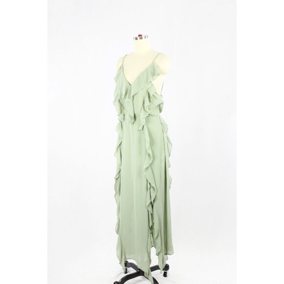 NWT ZARA Sea Green Chiffon Ruffle Cascading Long V-Neck Maxi Dress, Size L - Picture 4 of 16